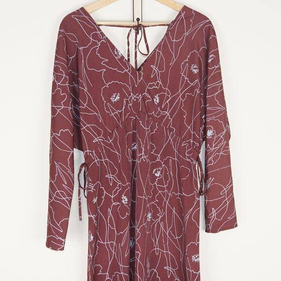Oak Fort Kimono Cinch Waist Side Slit Floral Dress Maroon Womens Sz S - Picture 4 of 8